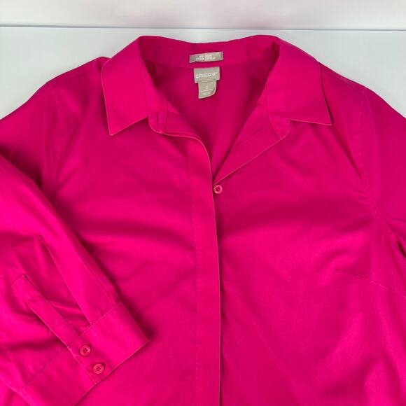 Chicos 2 Large No Iron Cotton Hidden Button Up Raspberry Hot Pink Women’s Blouse - Picture 7 of 12